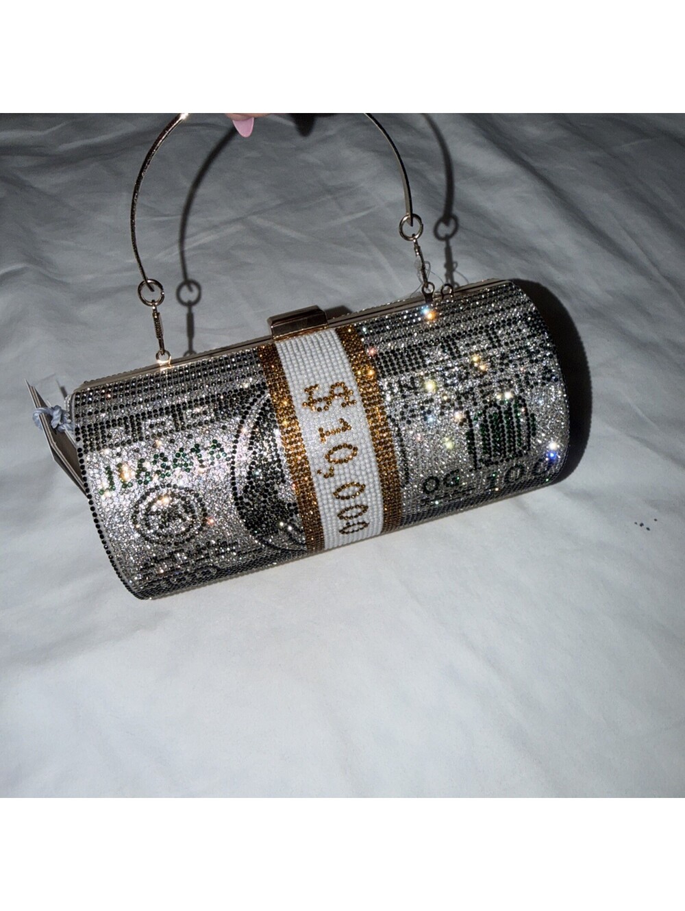 $10000 Dollar Bill Rhinestone Clutch Evening Bag Cylinder Novelty Las Vegas NWT